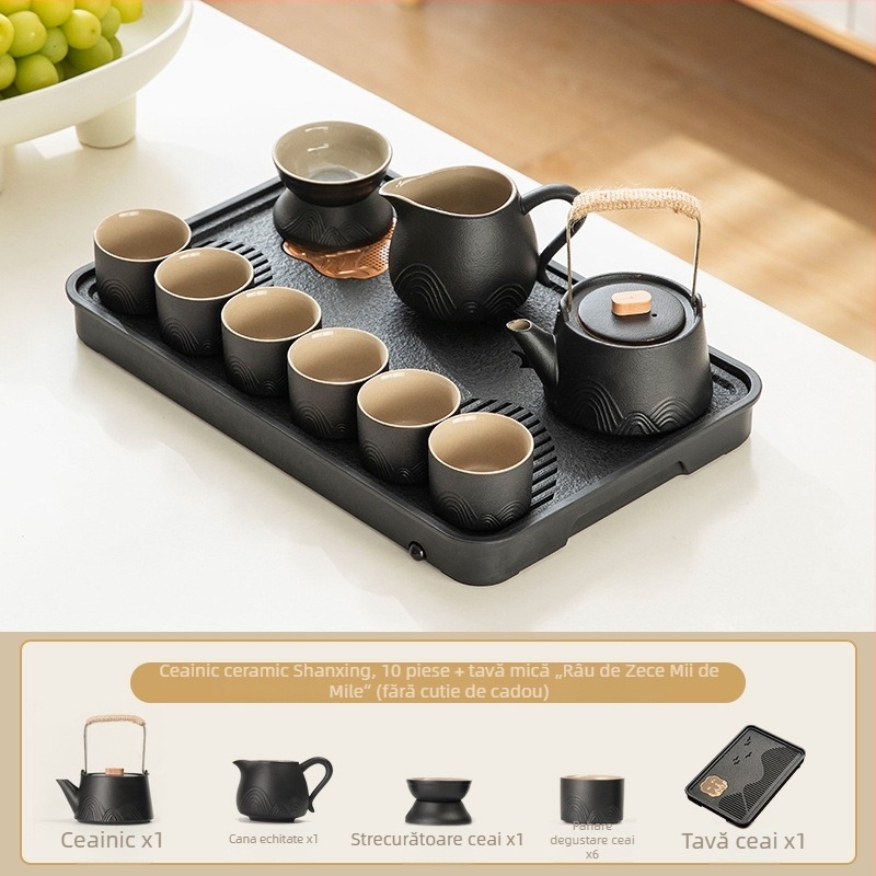 Set Gongfu de ceai din ceramică neagră: ceainic cu capac, bol cu capac, cești de ceai și tavă de servire ceai