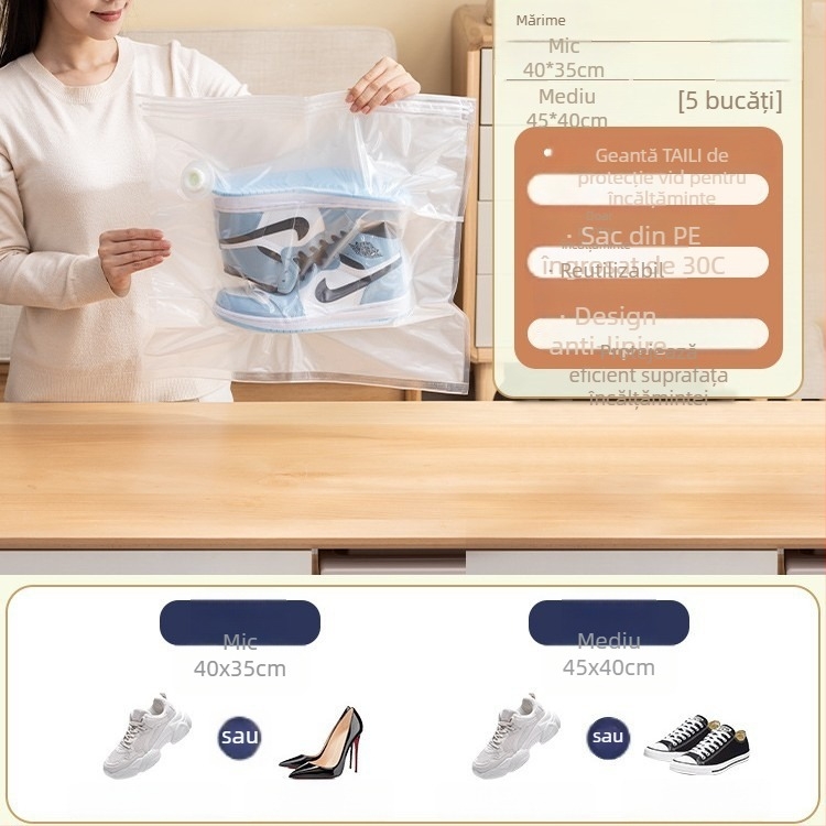 Taili geantă de depozitare pentru pantofi cu compresie vid pentru adidași — protecție împotriva oxidării, umezelii, mucegaiului, îngălbenirii, prafului, sigilată