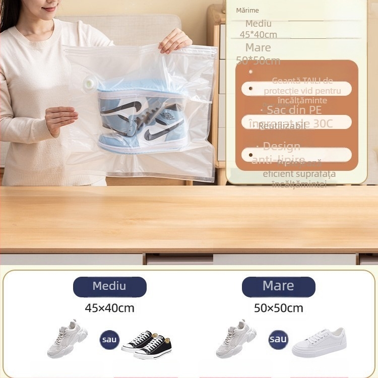 Taili geantă de depozitare pentru pantofi cu compresie vid pentru adidași — protecție împotriva oxidării, umezelii, mucegaiului, îngălbenirii, prafului, sigilată