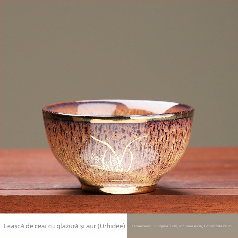 ceașcă de ceai ceramică cu orchidă aurie, mică, de înaltă calitate