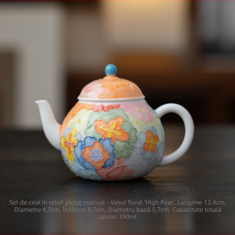 Ceainic ceramic cu motiv floral în relief, pictură manuală, stil chinezesc Gongfu, set de ceai, un ceainic