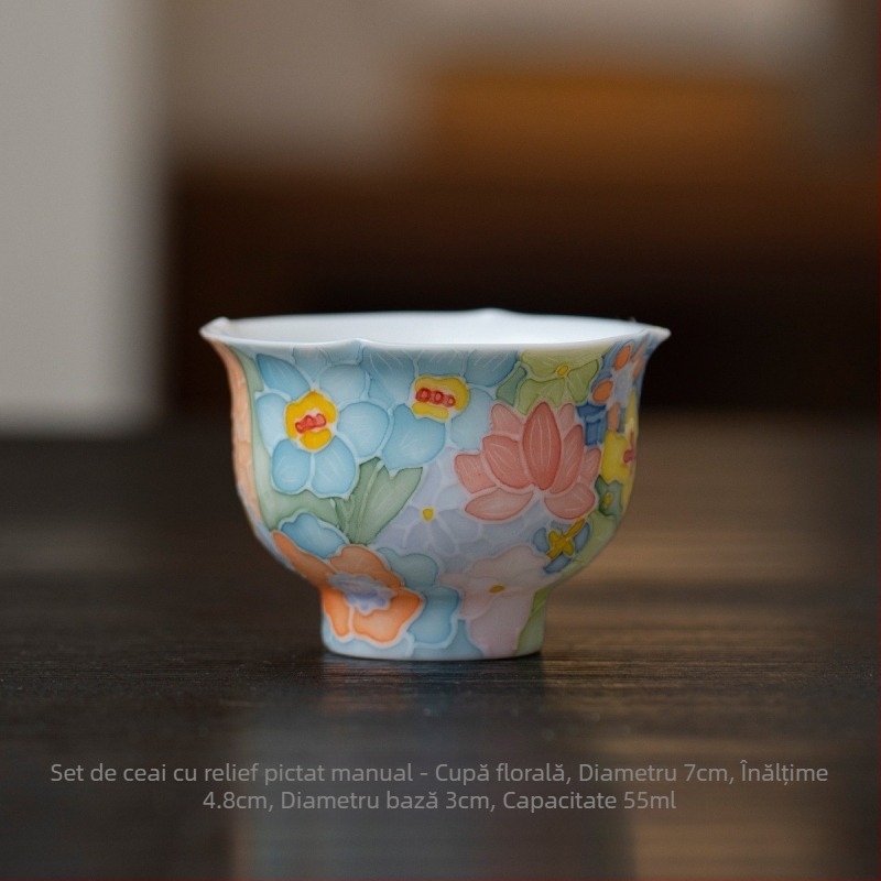 Ceainic ceramic cu motiv floral în relief, pictură manuală, stil chinezesc Gongfu, set de ceai, un ceainic