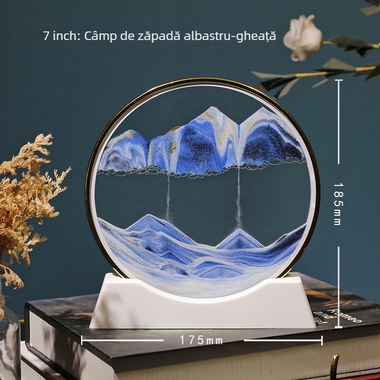Tablou 3D cu nisip lichid într-o sticlă circulară de sticlă — decor pentru sufragerie sau birou, clepsidră din sticlă