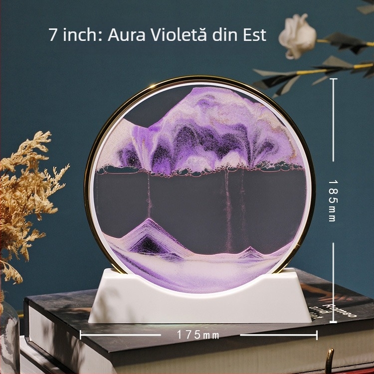 Tablou 3D cu nisip lichid într-o sticlă circulară de sticlă — decor pentru sufragerie sau birou, clepsidră din sticlă