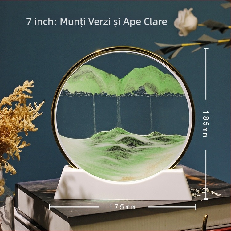 Tablou 3D cu nisip lichid într-o sticlă circulară de sticlă — decor pentru sufragerie sau birou, clepsidră din sticlă