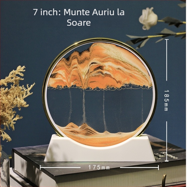 Tablou 3D cu nisip lichid într-o sticlă circulară de sticlă — decor pentru sufragerie sau birou, clepsidră din sticlă