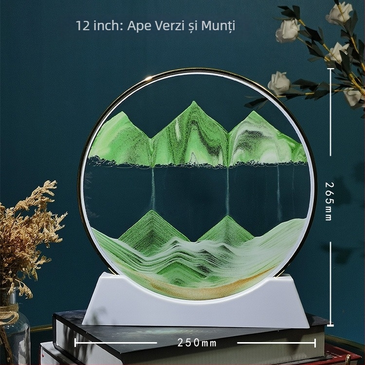 Tablou 3D cu nisip lichid într-o sticlă circulară de sticlă — decor pentru sufragerie sau birou, clepsidră din sticlă