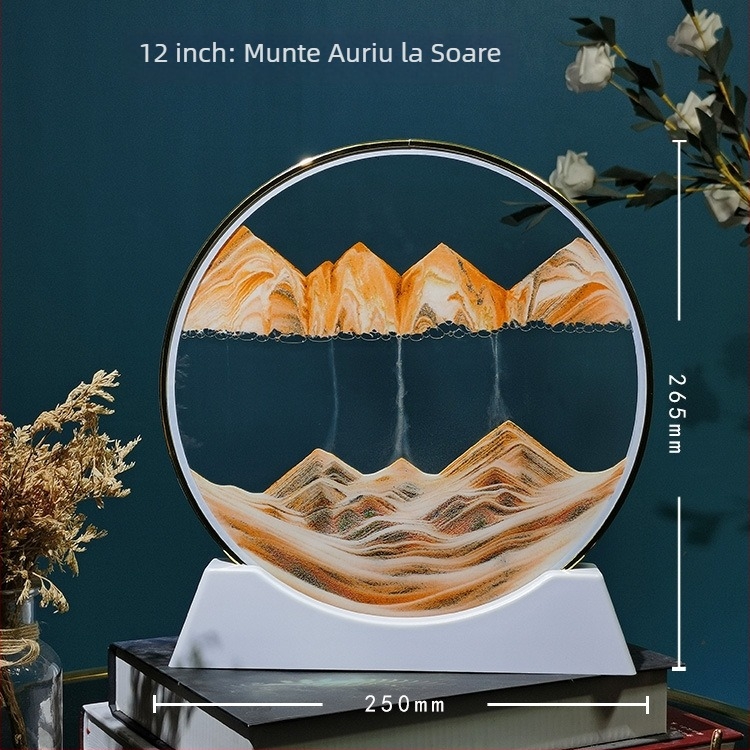 Tablou 3D cu nisip lichid într-o sticlă circulară de sticlă — decor pentru sufragerie sau birou, clepsidră din sticlă