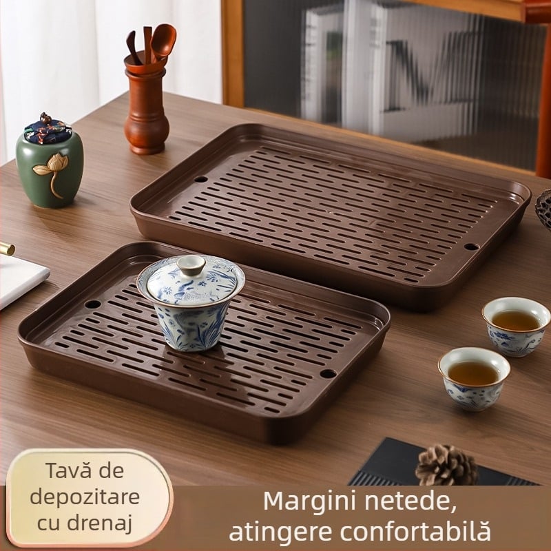 Tavă dublu nivel de scurgere pentru uz casnic, tavă de ceai și suport de depozitare dreptunghiular, pentru boluri, tacâmuri și cești.