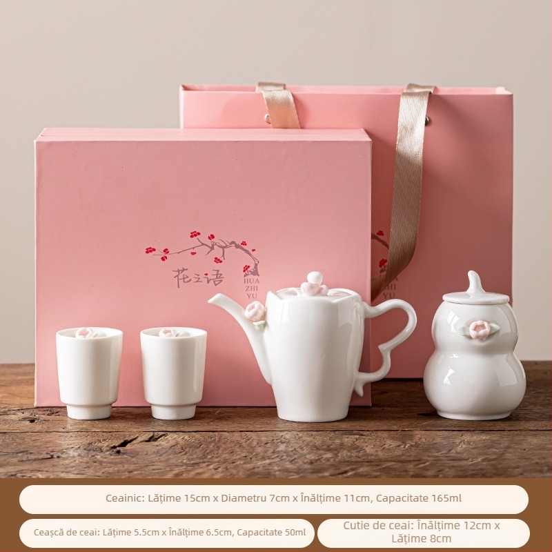 Set Gongfu de ceai din ceramică roz, lucrat manual, cu design floral și posibilitatea imprimării logo-ului