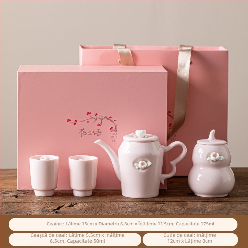Set Gongfu de ceai din ceramică roz, lucrat manual, cu design floral și posibilitatea imprimării logo-ului
