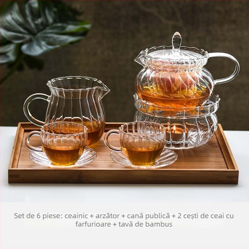 Ceainic din sticlă subțire, stil retro, pentru ceai de după-amiază – set elegant de ceai, lux lejer pentru ceai sănătos din fructe și flori, poate fi încălzit