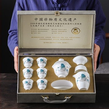 Set Kung Fu de ceai din porțelan alb ca jadul, ceainic cu capac și cești, set ceramic cadou