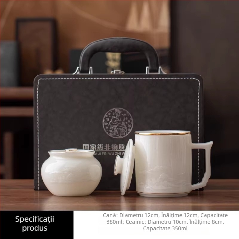 Ceașcă de ceai ceramică de lux pentru uz casnic, cu separare ceai-apă, margine aurie, capac și filtru