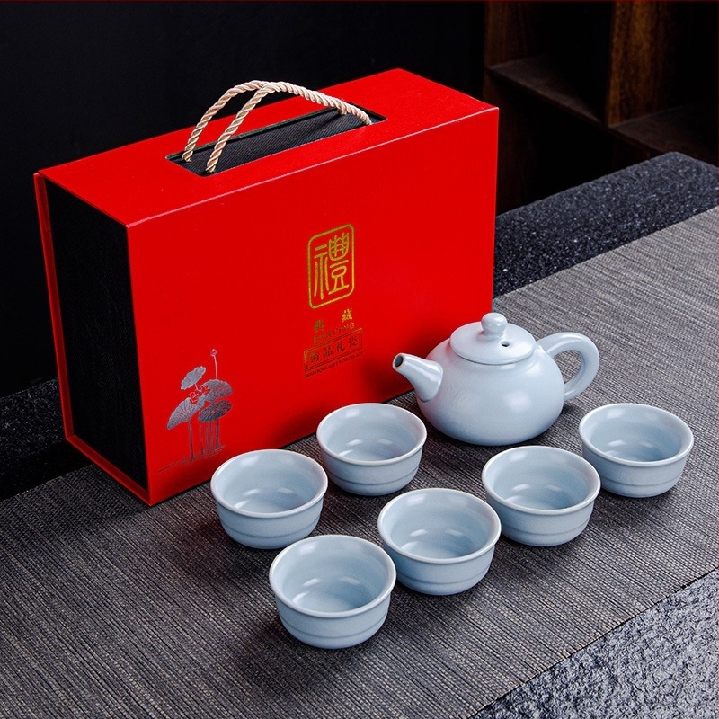 Ge Kiln Ru Kiln set de ceai Kung Fu din ceramică, cu logo imprimat, personalizabil, cutie cadou, pentru 3-5 persoane