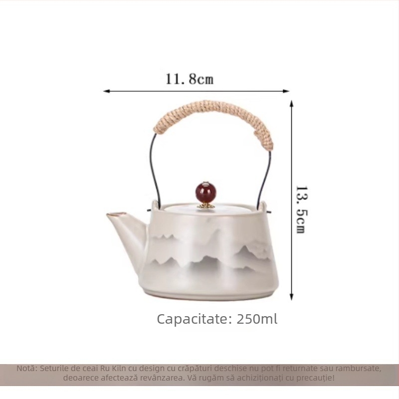Ceainic ceramic cu motiv munte și apă, set de ceai cu cești și bol, stil modern minimalist, lux discret