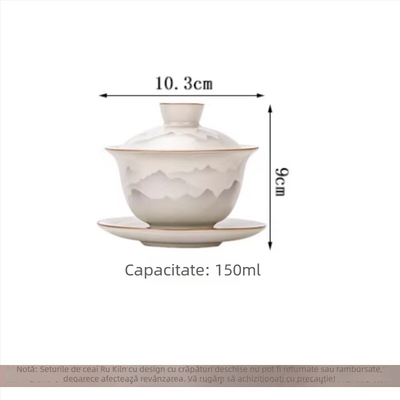 Ceainic ceramic cu motiv munte și apă, set de ceai cu cești și bol, stil modern minimalist, lux discret