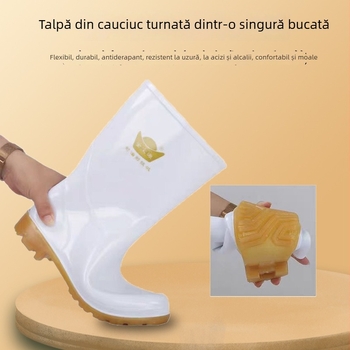 Ghete de ploaie albe din PVC, înalte, talpă din tendon de vită, impermeabile, rezistente la abraziune, la acizi și baze, pentru bucătărie și medii acvatice.