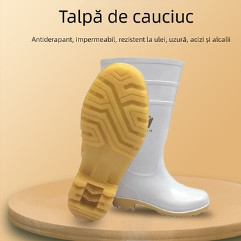 Ghete de ploaie albe din PVC, înalte, talpă din tendon de vită, impermeabile, rezistente la abraziune, la acizi și baze, pentru bucătărie și medii acvatice.