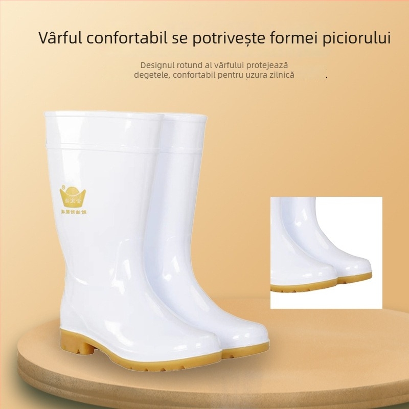 Ghete de ploaie albe din PVC, înalte, talpă din tendon de vită, impermeabile, rezistente la abraziune, la acizi și baze, pentru bucătărie și medii acvatice.