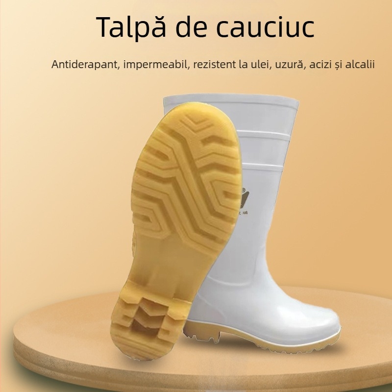 Ghete de ploaie albe din PVC, înalte, talpă din tendon de vită, impermeabile, rezistente la abraziune, la acizi și baze, pentru bucătărie și medii acvatice.