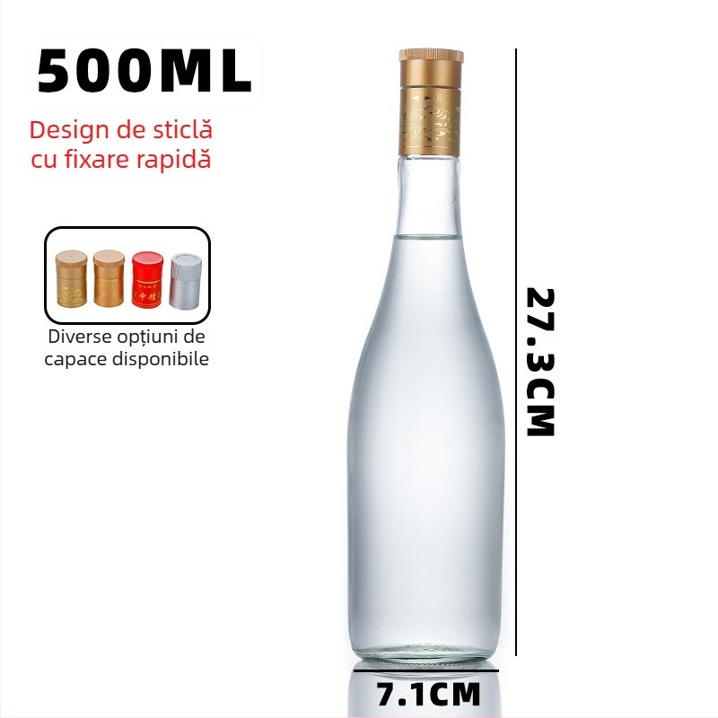 Sticlă goală de 500 ml din sticlă pentru distilație casnică – recipient pentru băuturi alcoolice, cu gură clasică
