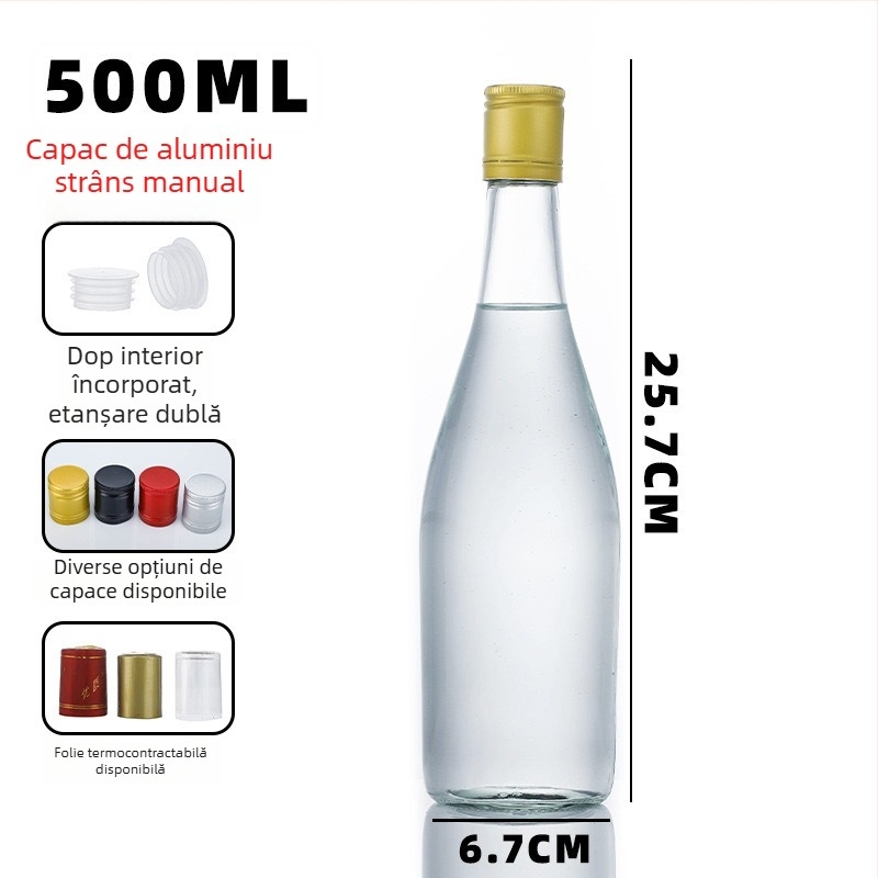 Sticlă goală de 500 ml din sticlă pentru distilație casnică – recipient pentru băuturi alcoolice, cu gură clasică