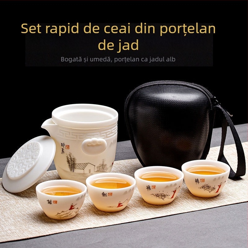 Set de ceai din jad alb Dehua, pentru călătorii în aer liber, cană portabilă