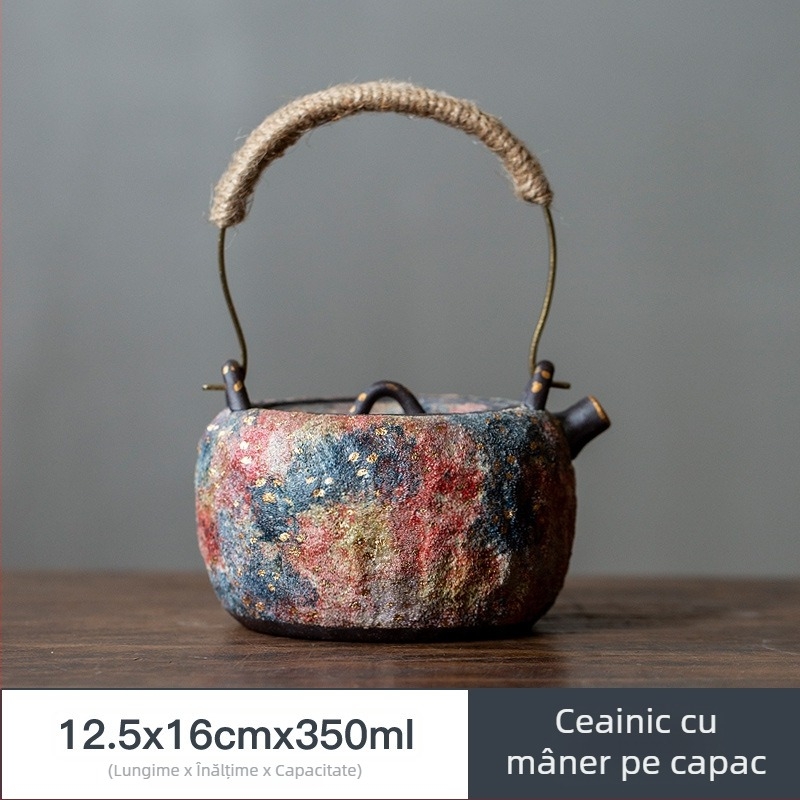 Ceainic ceramic multicolor, din lut pietros, cu mâner lateral, stil vintage