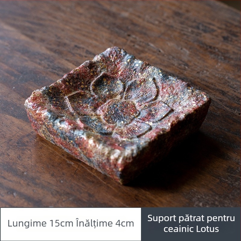 Ceainic ceramic multicolor, din lut pietros, cu mâner lateral, stil vintage