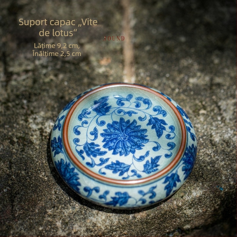 Set de ceai din ceramică chinezesc, retro, cu capac pentru tava de ceai, suport pentru ceainic și suporturi pentru cești din porțelan albastru și alb