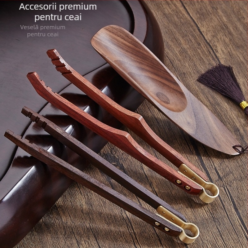 Linguriță de ceai din lemn solid Ebony Walnut, cu accesorii pentru ceremonia ceaiului