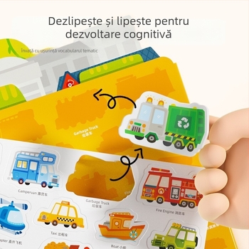 Carte cu autocolante gelatinoase cu temă de dinozauri pentru copii de 3–6 ani, carte bilingvă pentru învățare timpurie, autocolante reutilizabile