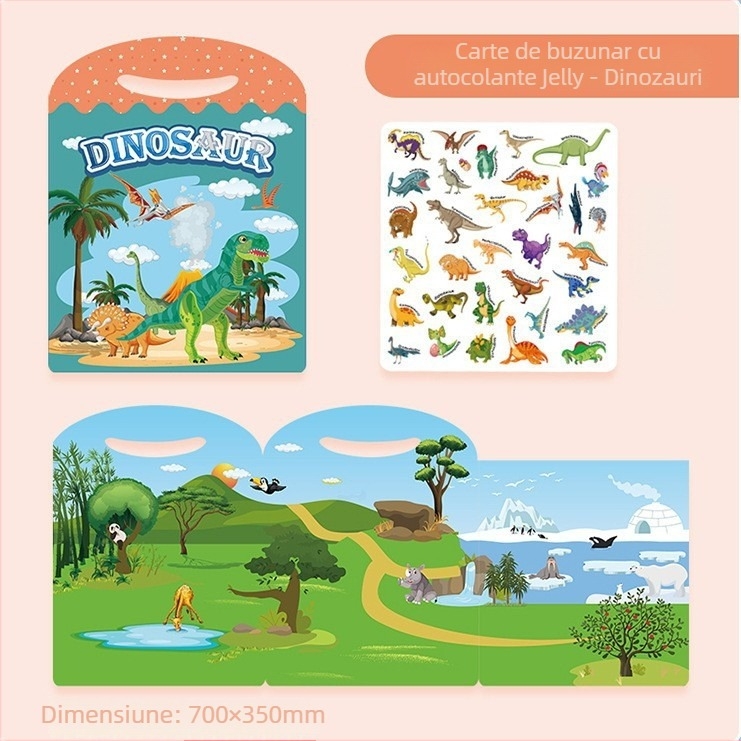 Carte cu autocolante gelatinoase cu temă de dinozauri pentru copii de 3–6 ani, carte bilingvă pentru învățare timpurie, autocolante reutilizabile