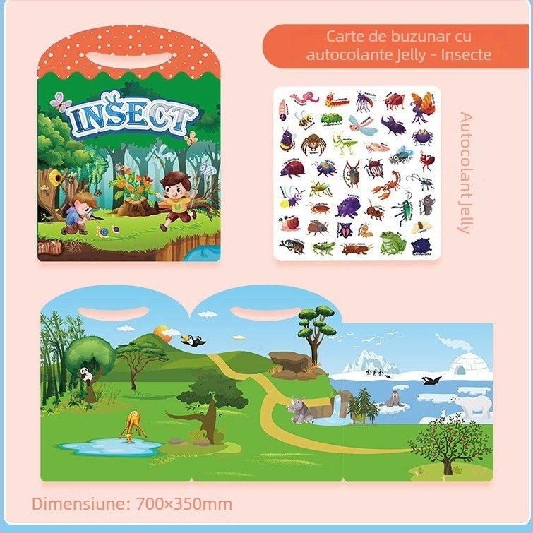 Carte cu autocolante gelatinoase cu temă de dinozauri pentru copii de 3–6 ani, carte bilingvă pentru învățare timpurie, autocolante reutilizabile