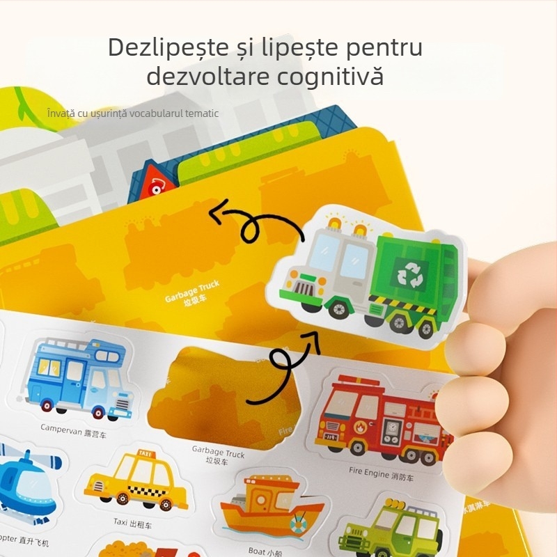 Carte cu autocolante gelatinoase cu temă de dinozauri pentru copii de 3–6 ani, carte bilingvă pentru învățare timpurie, autocolante reutilizabile