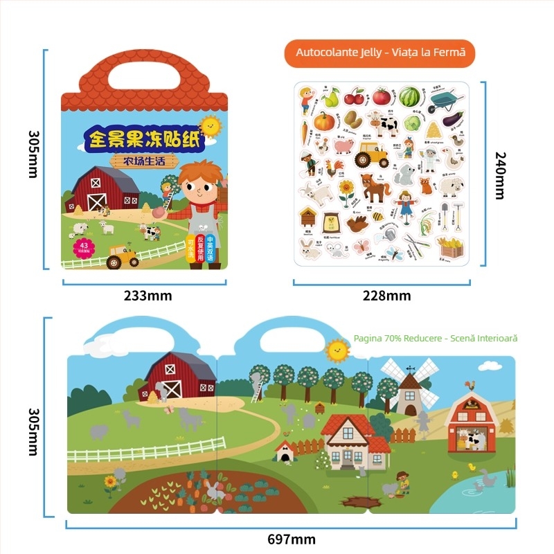 Carte cu autocolante gelatinoase cu temă de dinozauri pentru copii de 3–6 ani, carte bilingvă pentru învățare timpurie, autocolante reutilizabile
