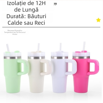 Cană vacuum izotermă din oțel inoxidabil 304, 14oz, cu mâner, pentru exterior și utilizare în mașină