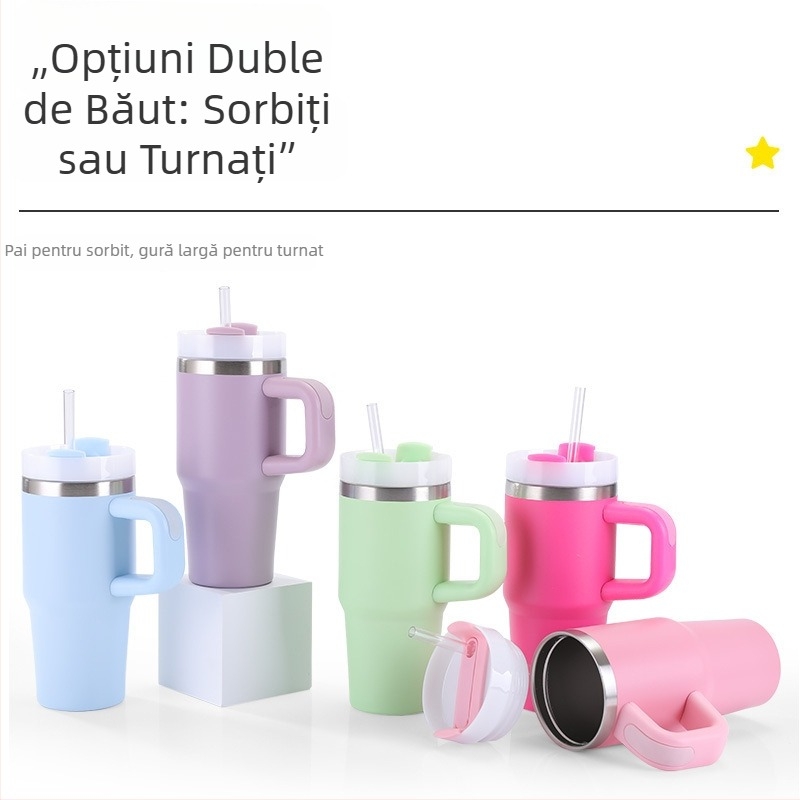 Cană vacuum izotermă din oțel inoxidabil 304, 14oz, cu mâner, pentru exterior și utilizare în mașină