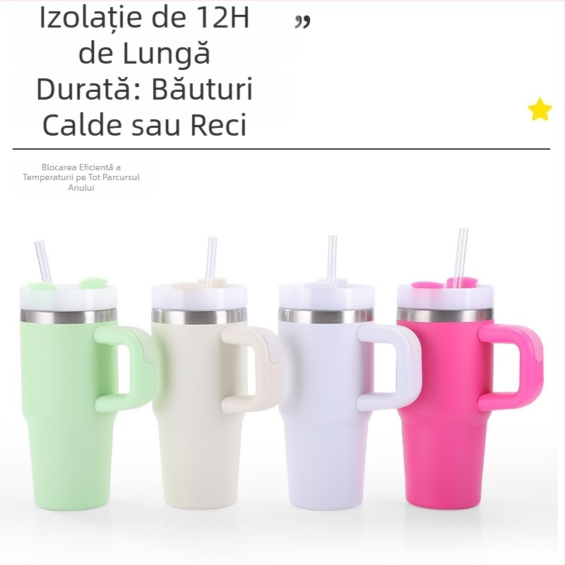 Cană vacuum izotermă din oțel inoxidabil 304, 14oz, cu mâner, pentru exterior și utilizare în mașină