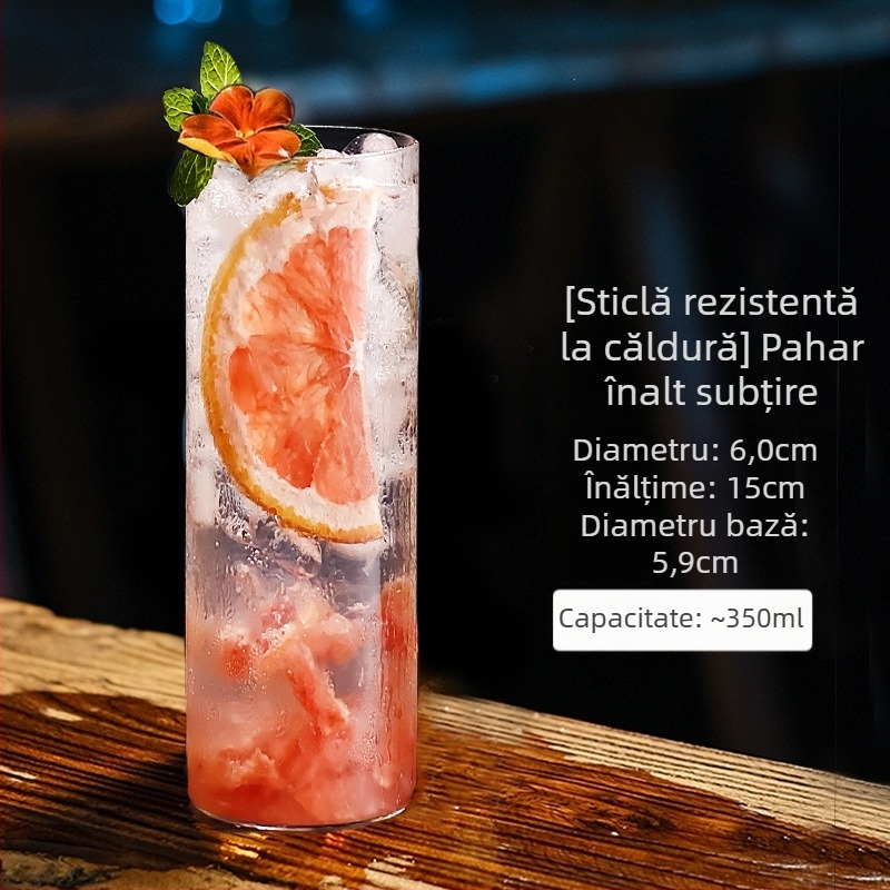 Pahar înalt, subțire din sticlă de cristal, cu pereți drepți, pentru cocktailuri, whisky, cafea și lichioruri; sticlă borosilicat, 201–300 ml