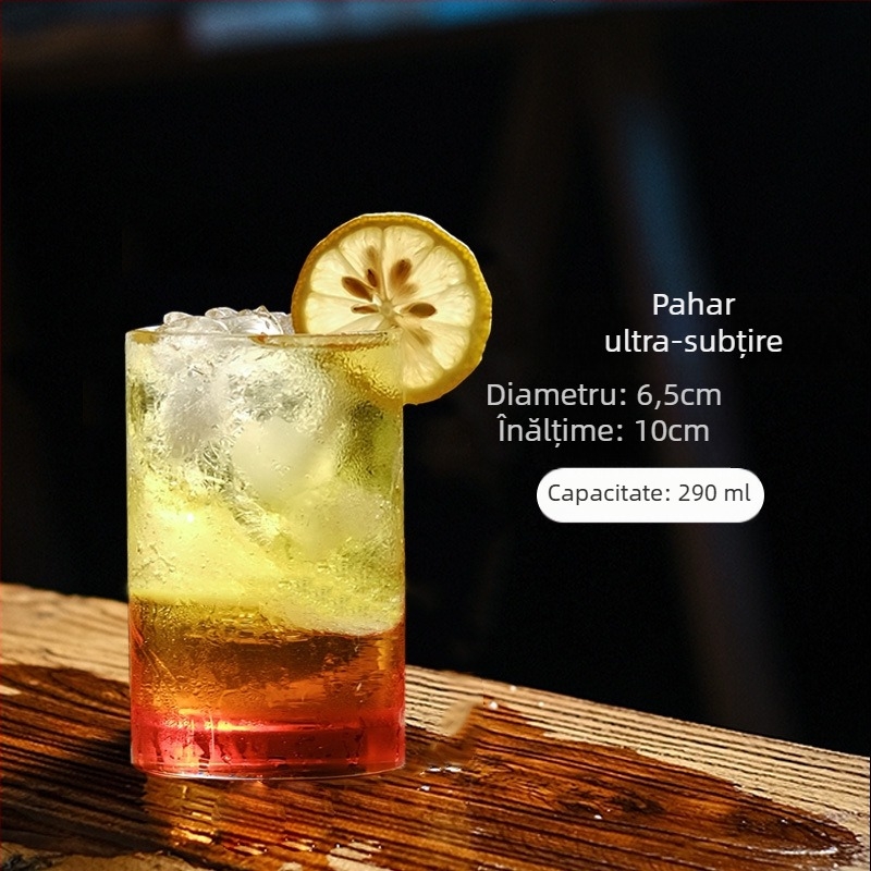 Pahar înalt, subțire din sticlă de cristal, cu pereți drepți, pentru cocktailuri, whisky, cafea și lichioruri; sticlă borosilicat, 201–300 ml
