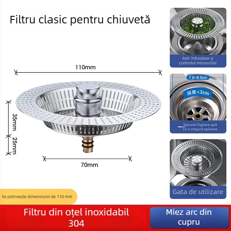 Filtru pentru chiuvetă din cupru, plasă de filtrare și nucleu pop-up, accesorii pentru drenaj, universal