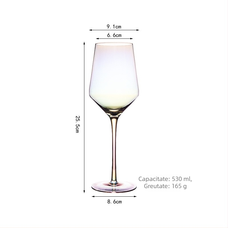 Set de pahare din cristal colorat pentru vin roșu, cu decantor în formă de harpă și pahare cu picior înalt.