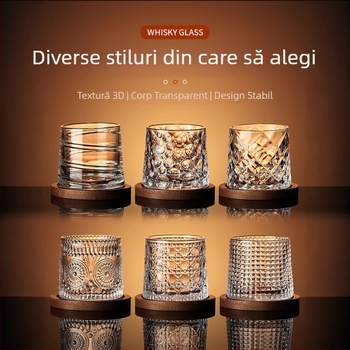 Pahar de whiskey din sticlă, stil elegant, cu bază rotativă și suport pentru pahar
