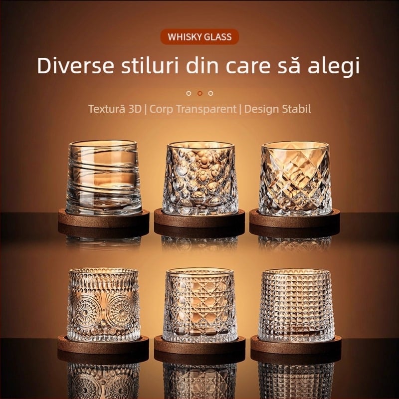 Pahar de whiskey din sticlă, stil elegant, cu bază rotativă și suport pentru pahar