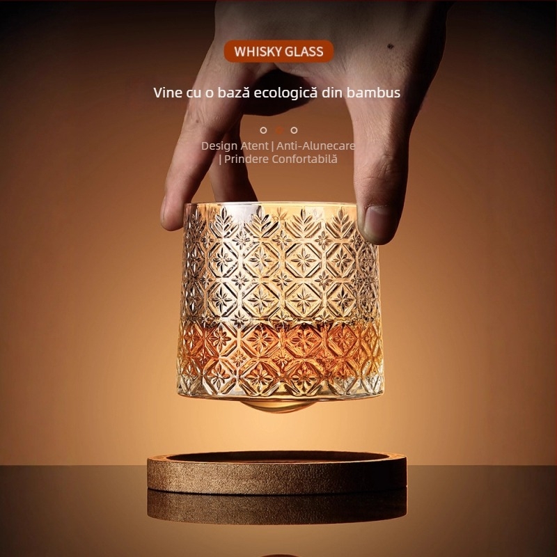 Pahar de whiskey din sticlă, stil elegant, cu bază rotativă și suport pentru pahar