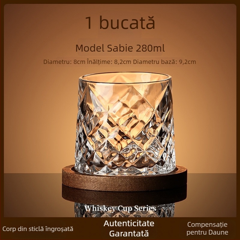 Pahar de whiskey din sticlă, stil elegant, cu bază rotativă și suport pentru pahar