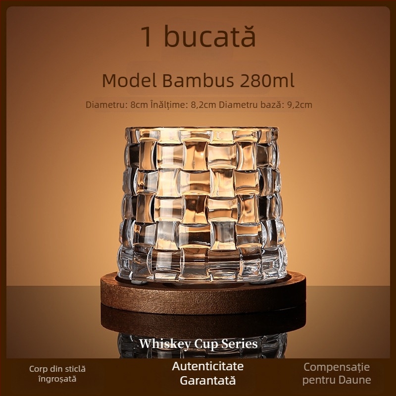 Pahar de whiskey din sticlă, stil elegant, cu bază rotativă și suport pentru pahar