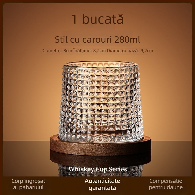 Pahar de whiskey din sticlă, stil elegant, cu bază rotativă și suport pentru pahar